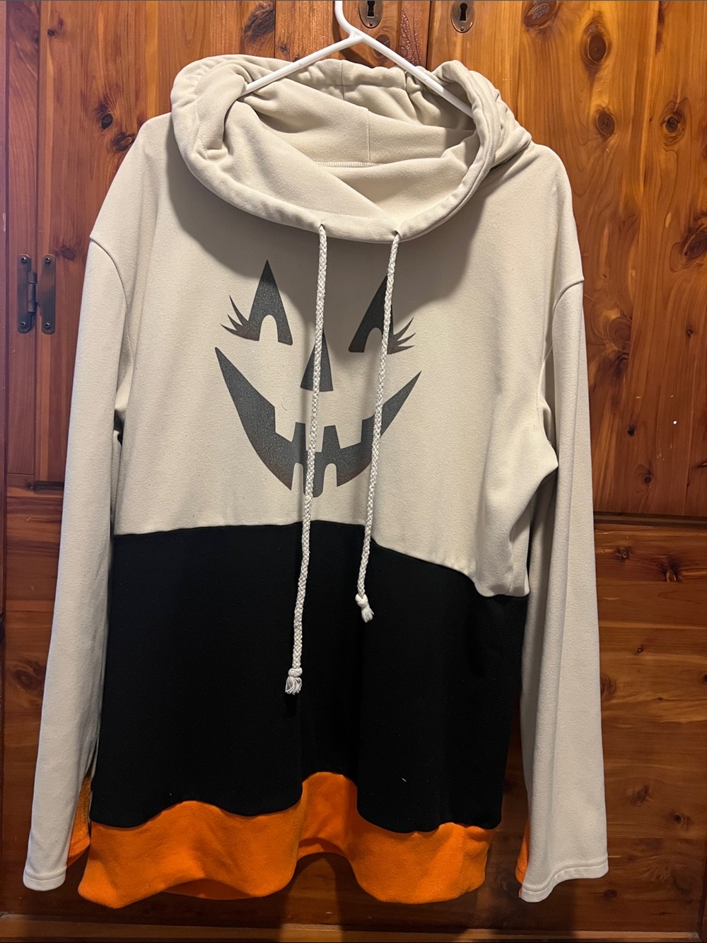 Halloween Colorblock Hoodie Sweater - Cream/Black/Orange